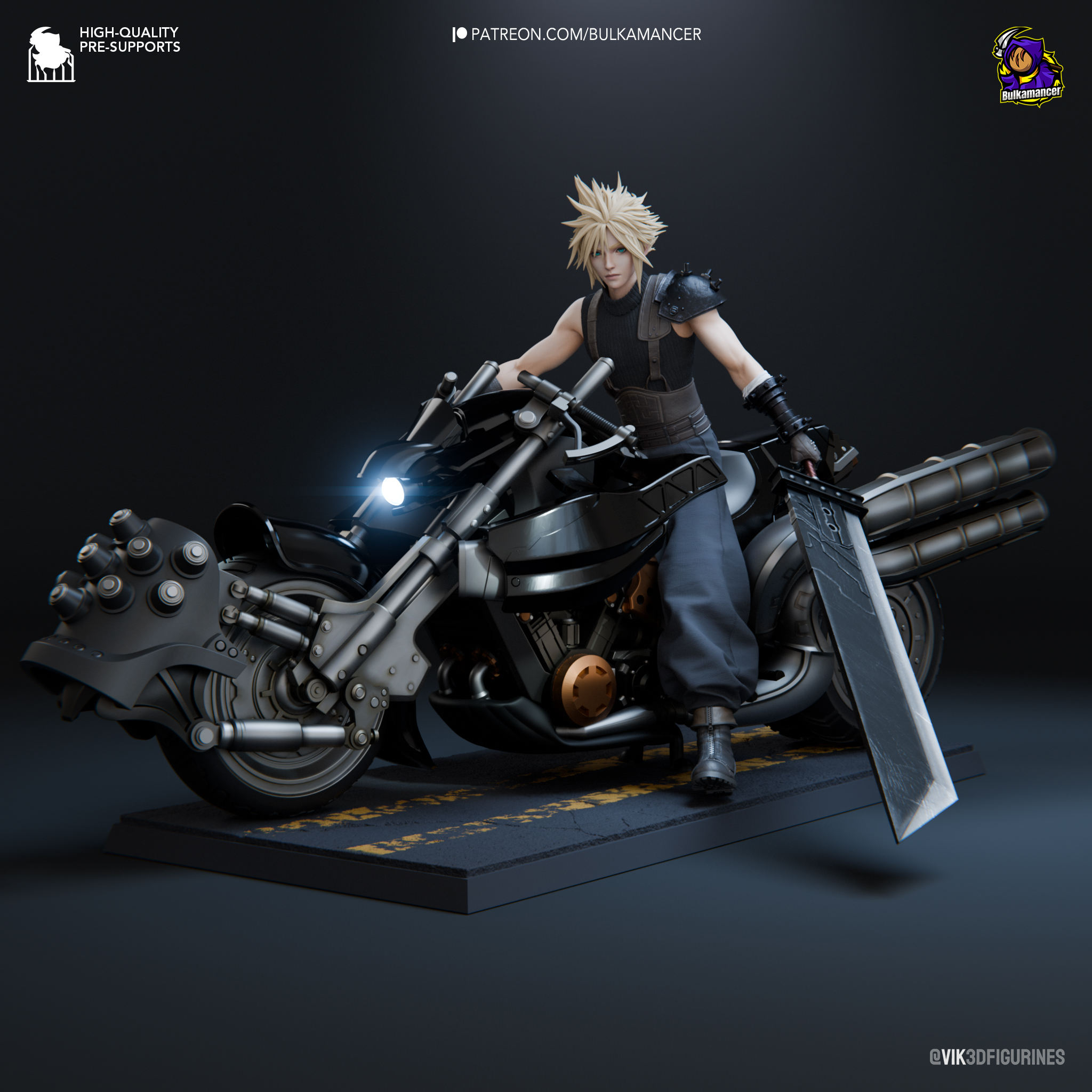 ⚔️ فیگور کلود استرایف (Cloud Strife) روی موتور | جنس PLA+ | ابعاد ۳۷×۲۲×۲۳ سانتی‌متر