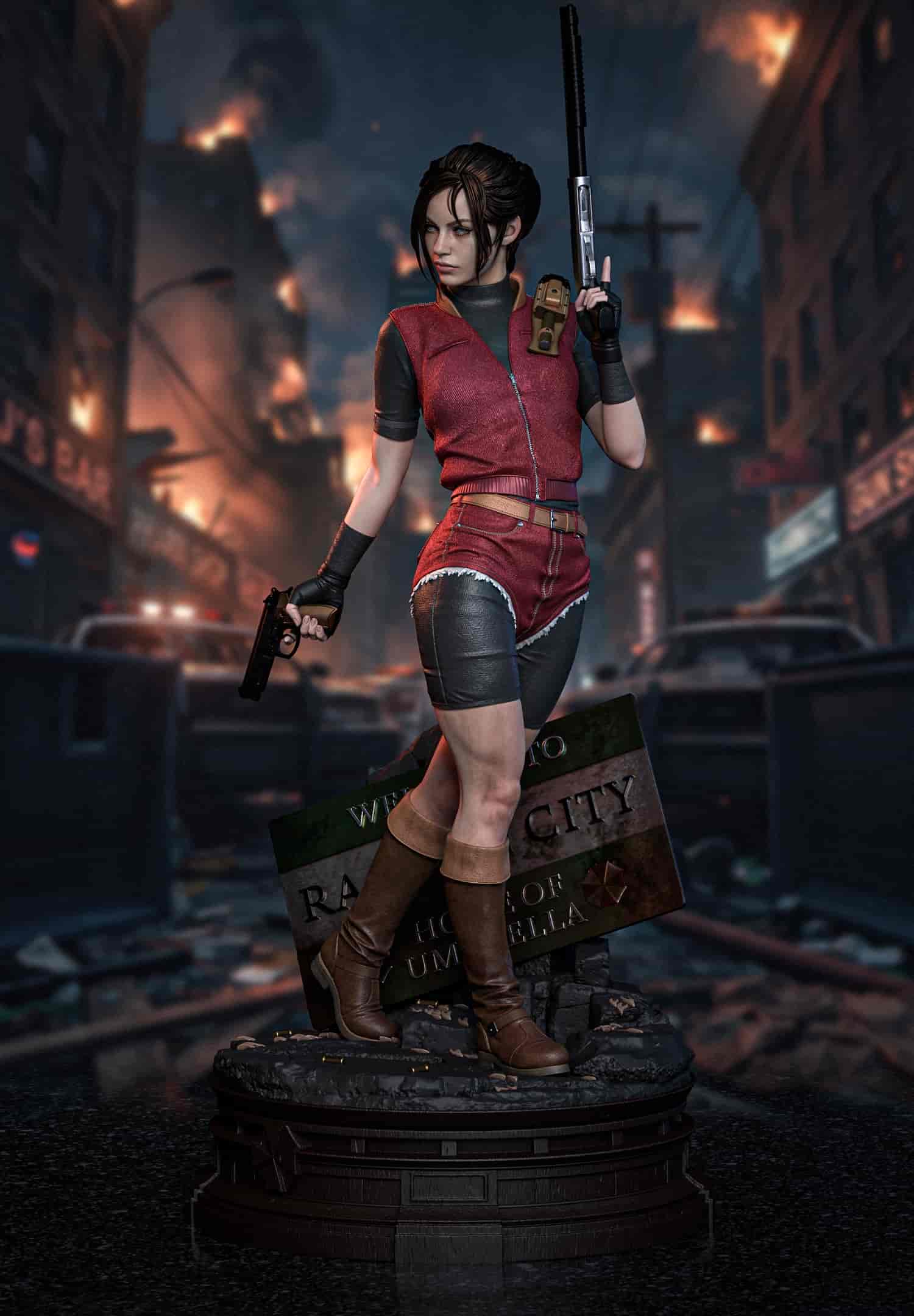 🧟‍♀️🔫 فیگور کلر ردفیلد Claire Redfield رزیدنت اویل 2 پایه راکون سیتی ارتفاع 40 سانتی‌متر | جنس PLA+